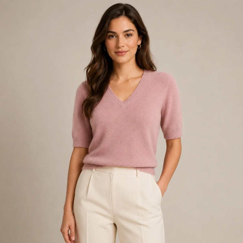 Women's Soft Pink V-Neck Cashmere Knit Short Sleeve Sweater Top