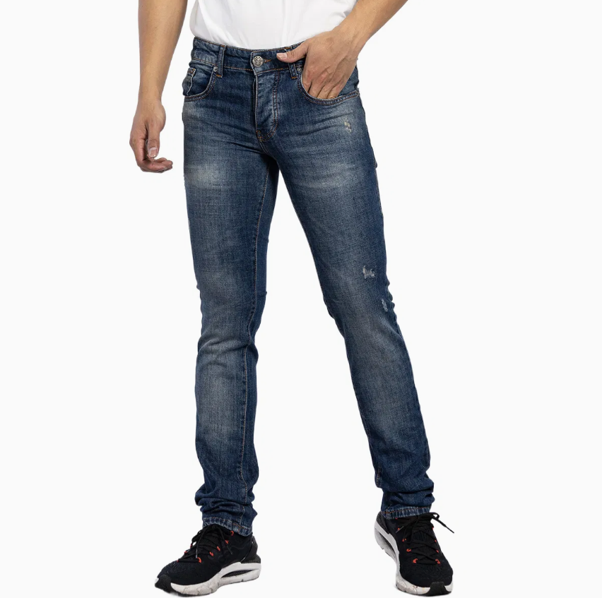 Fashionable European Blue Washed Ripped Denim Jeans for Men