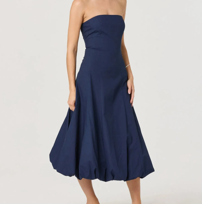 Dark Blue Elegant Strapless Fitted Waist Wide Skirt Women's Evening Dress
