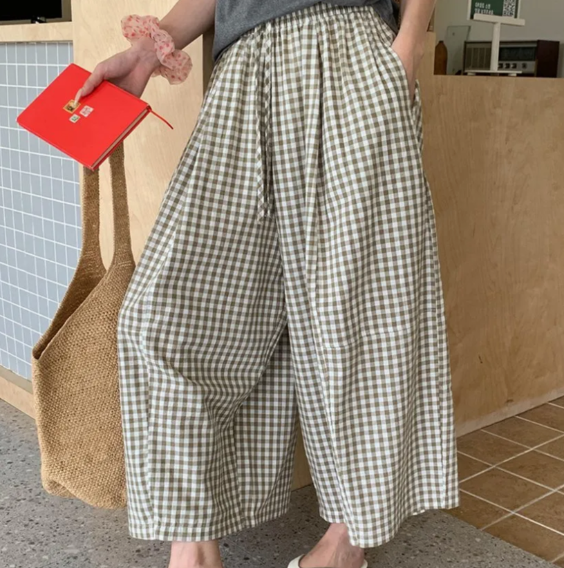 Women's Relaxed Fit Plaid Wide-Leg Casual Trousers